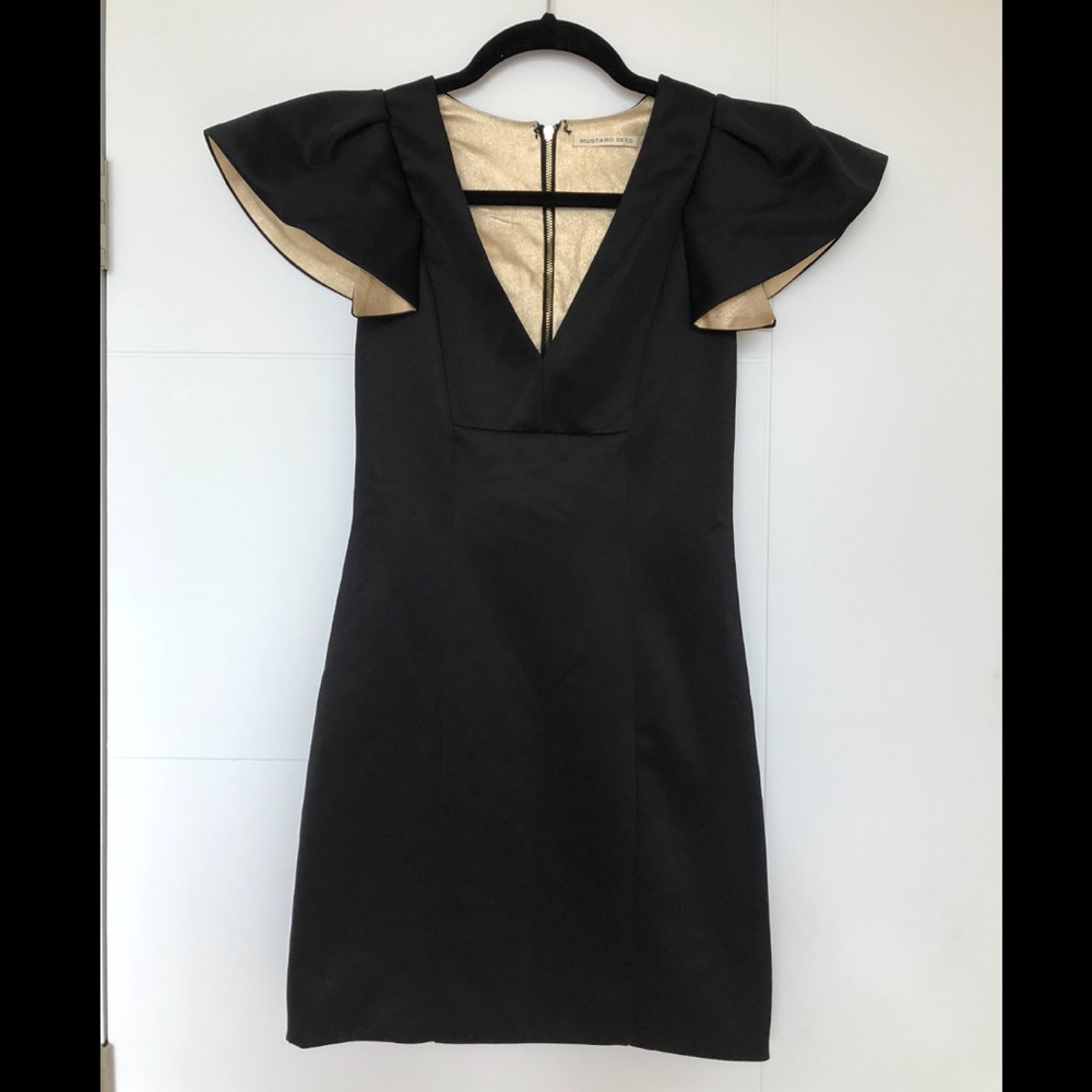 Mustard Seed Plunge Neck Puff Ruffle Sleeve Dress